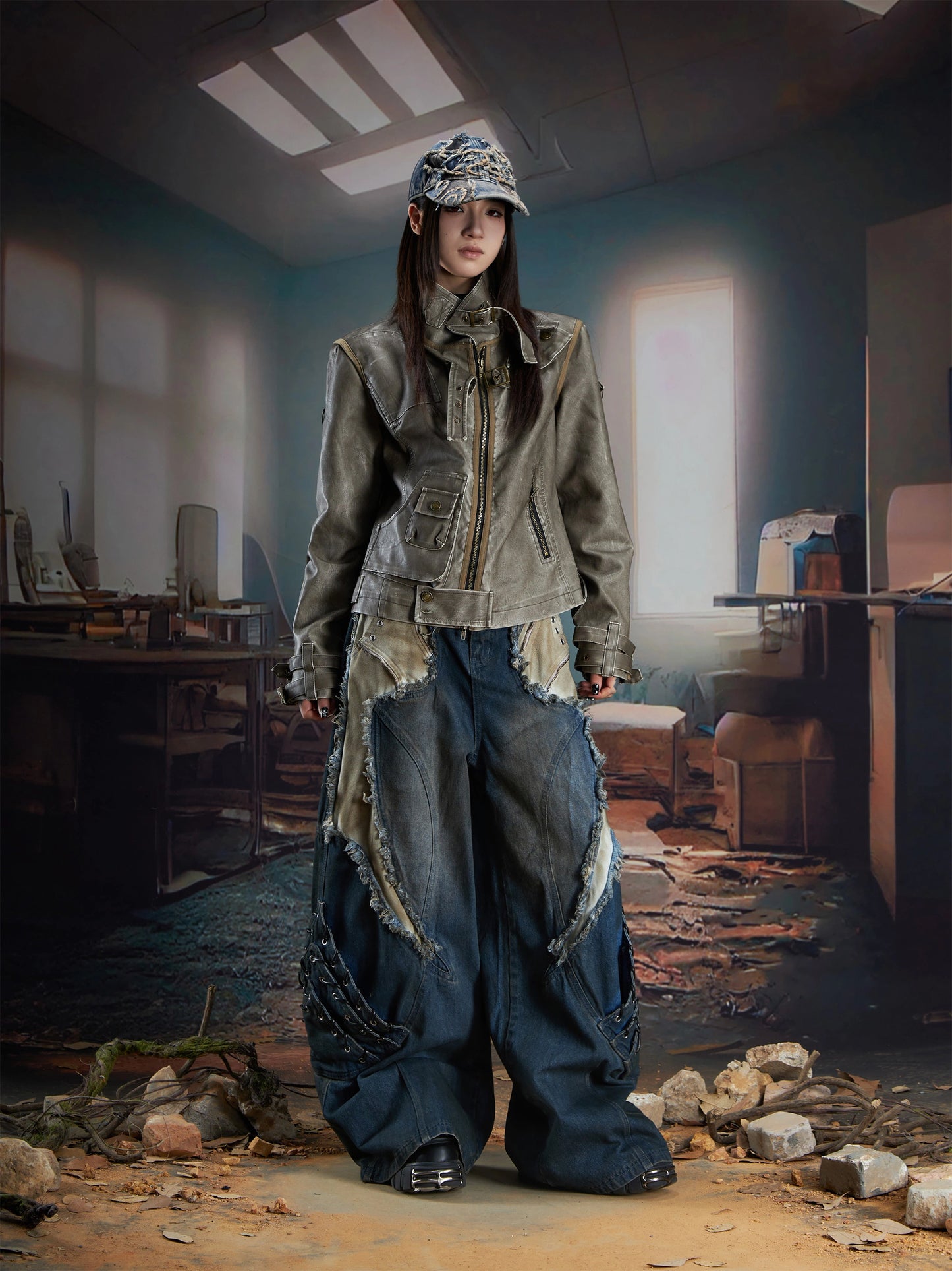 Deconstructed Patchwork Stand-up Collar Rubbed Distressed Jacket