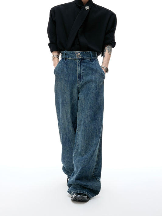 【25s Aug.】Washed Distressed Draped Ribbon Loose-Fit Jeans