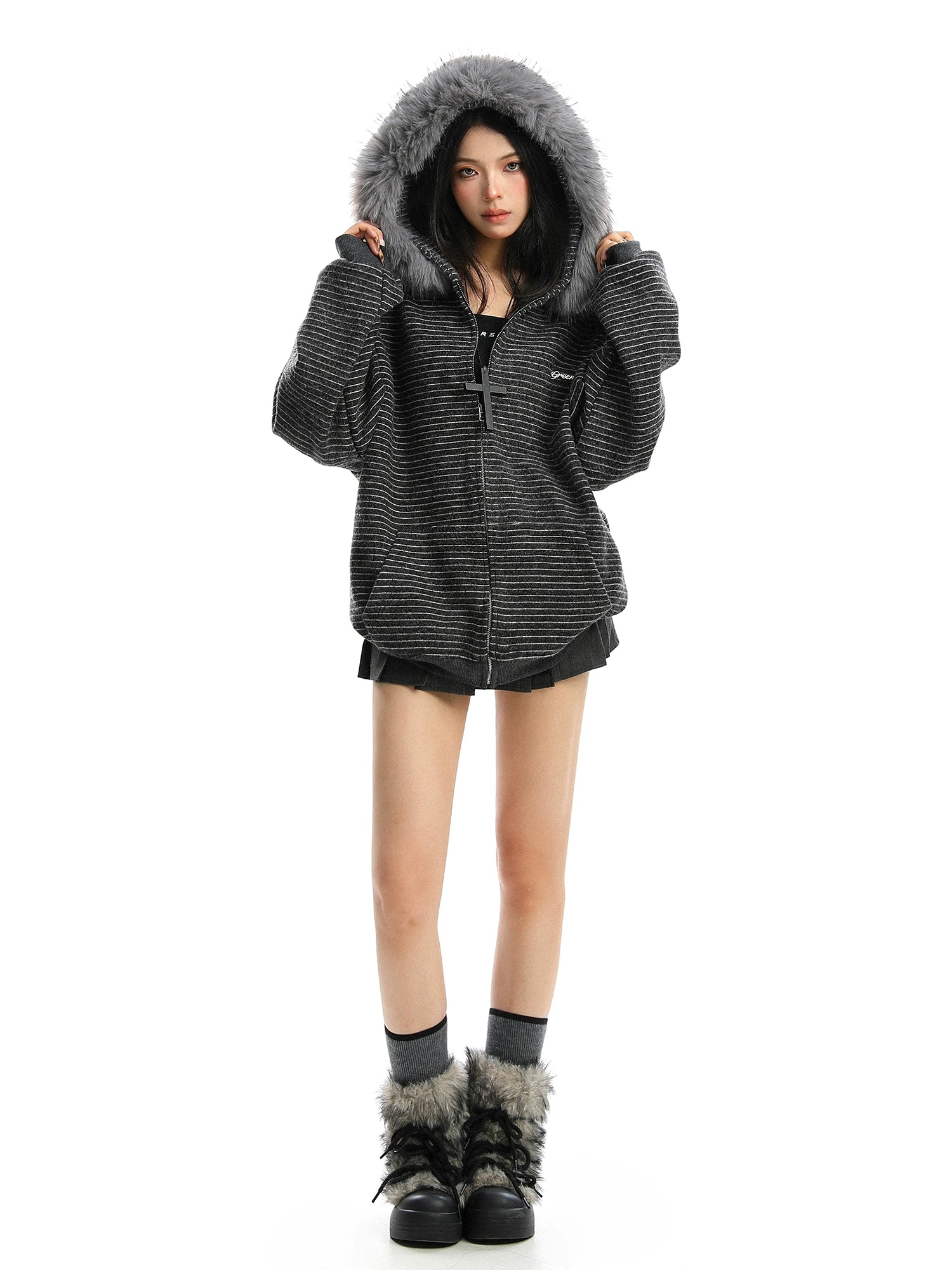 【25s Nov.】Striped Detachable Fur Collar Hooded Sweatshirt