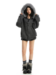 【25s Nov.】Striped Detachable Fur Collar Hooded Sweatshirt