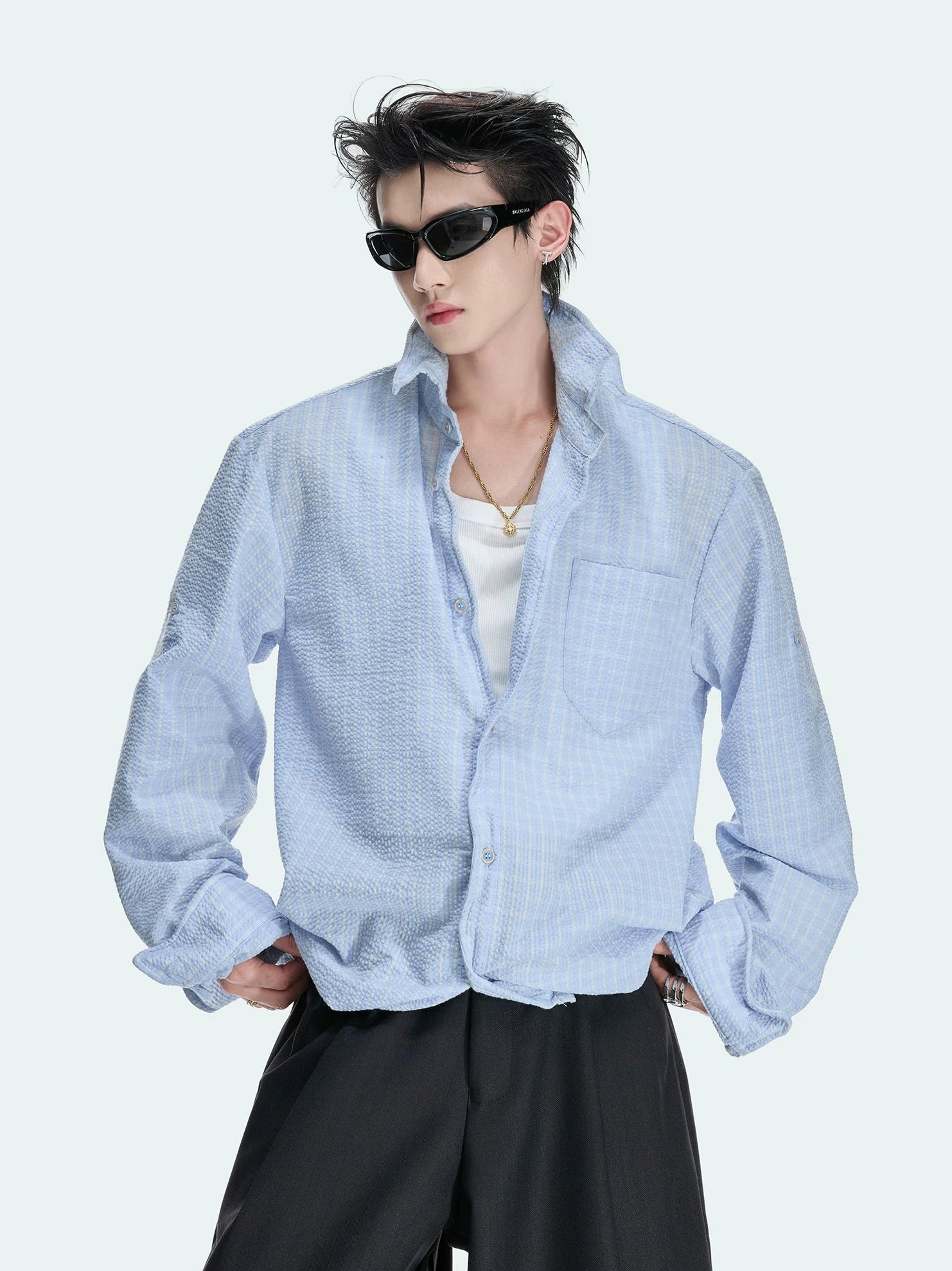 Textured Plaid Drawstring Shirt Jacket