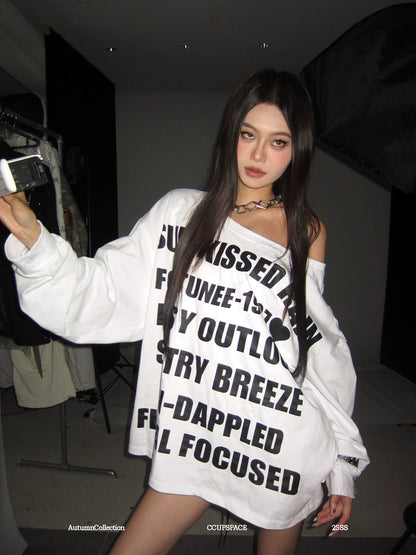 【25s Nov.】Letter Print Off-Shoulder Long-Sleeve Sweatshirt