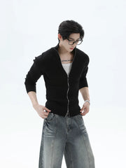 【26s Jan.】Slim-Fit Ribbed Stand Collar Double-Zip Knit Cardigan