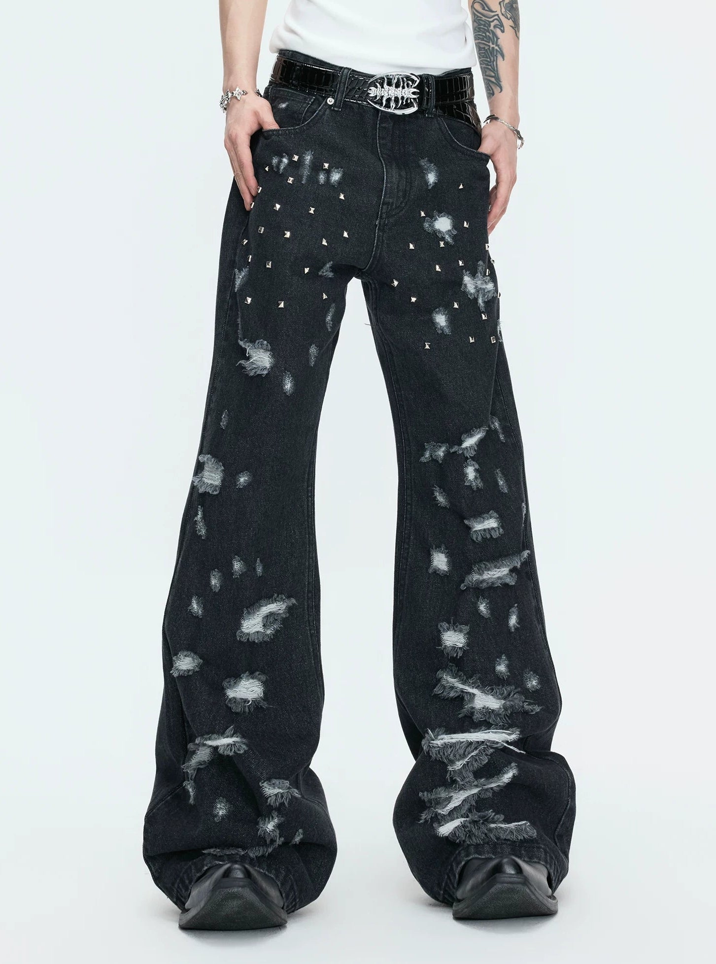 【26s Apr.】Distressed Studded Irregular Flared Denim Pants