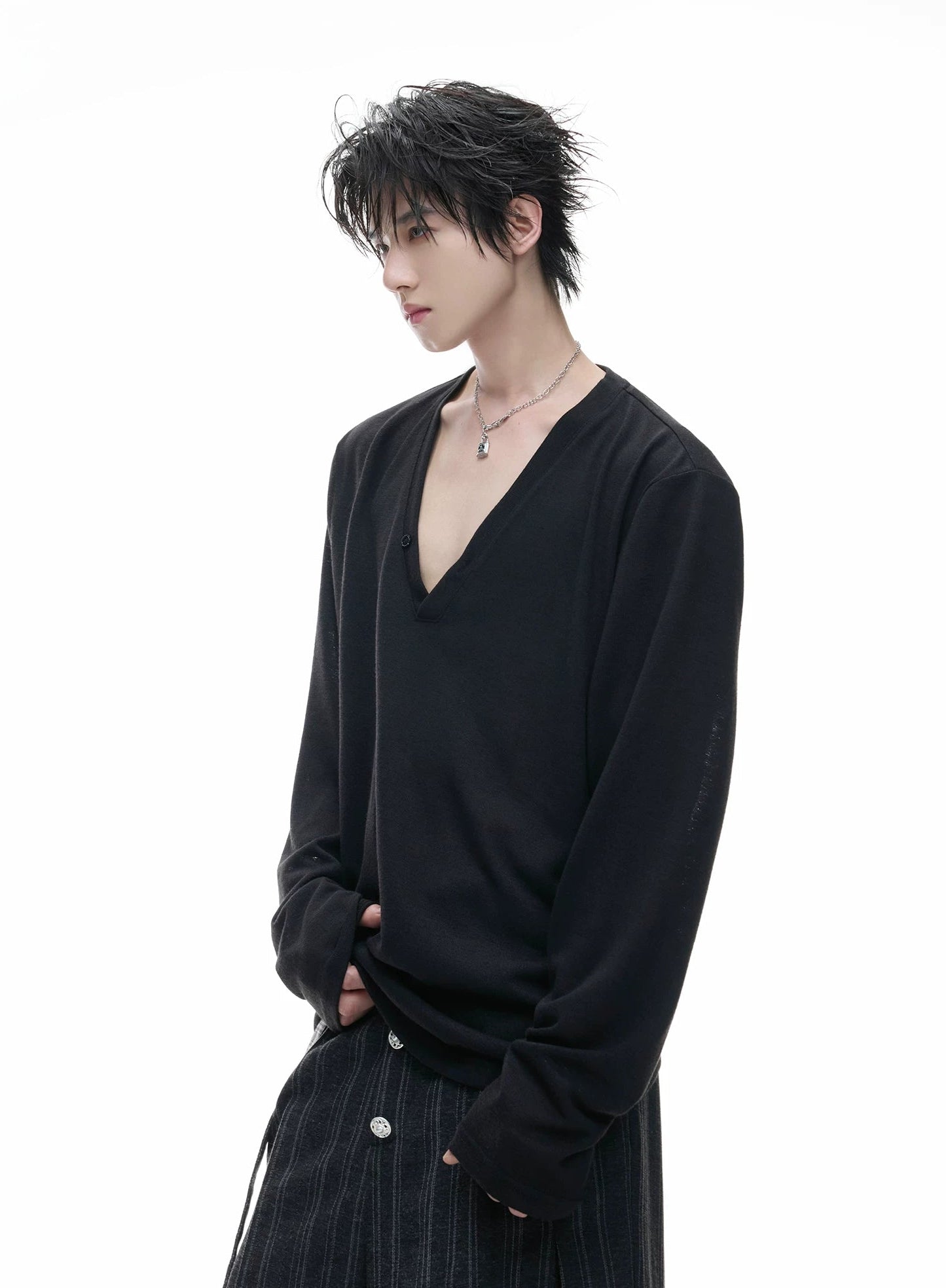 Deep V-Neck Relaxed Long Sleeve Tee