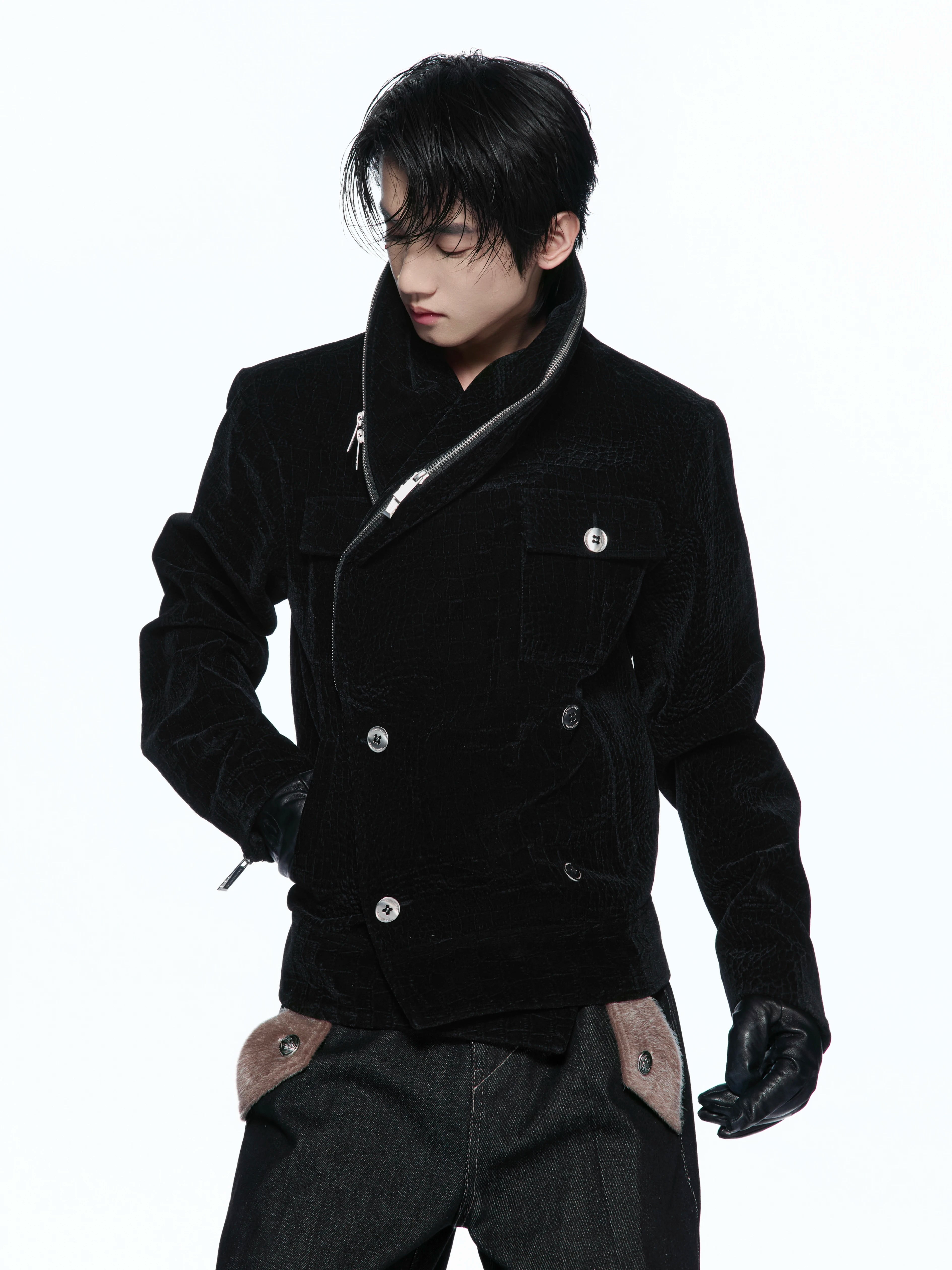 Custom Suede Crocodile Texture Slim Asymmetric Zip Jacket