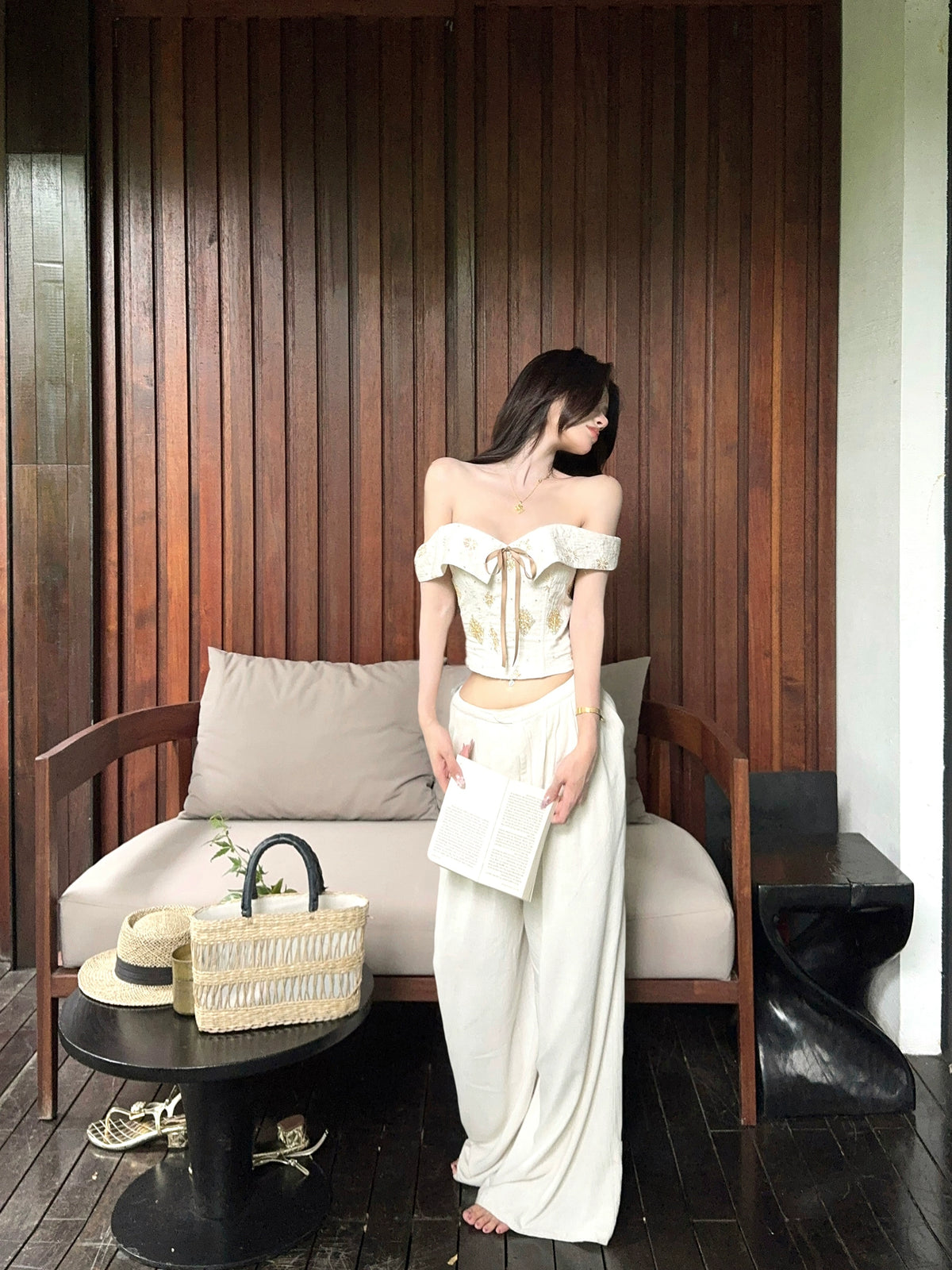 【25s Aug.】Retro Lace-Up Bandeau Vest and Trousers Set