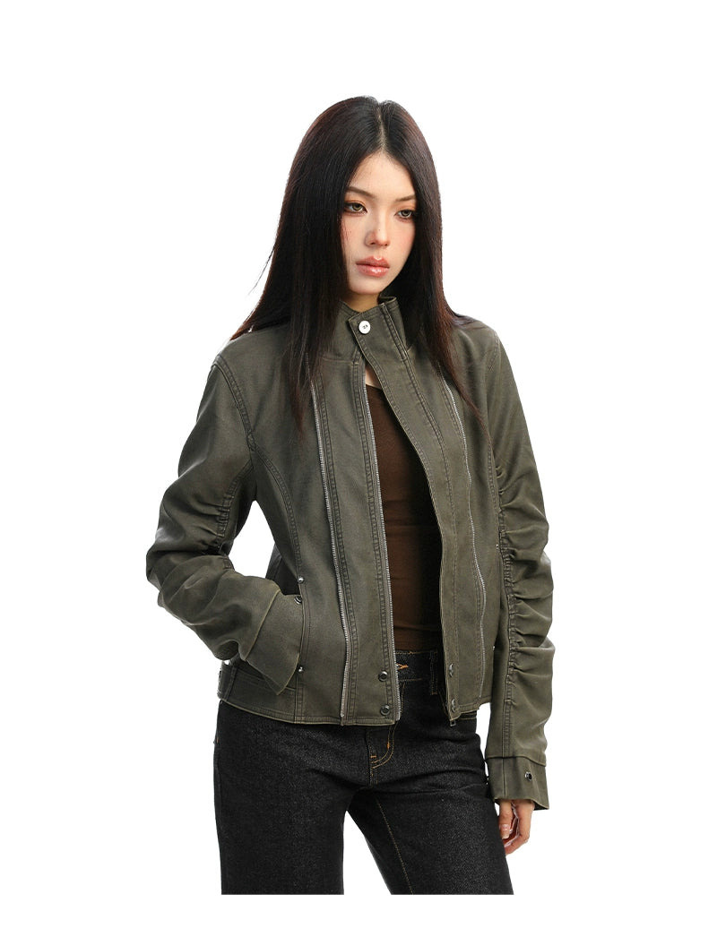 【25s Dec.】Washed Distressed Stand-up Collar Deconstructed Leather Jacket