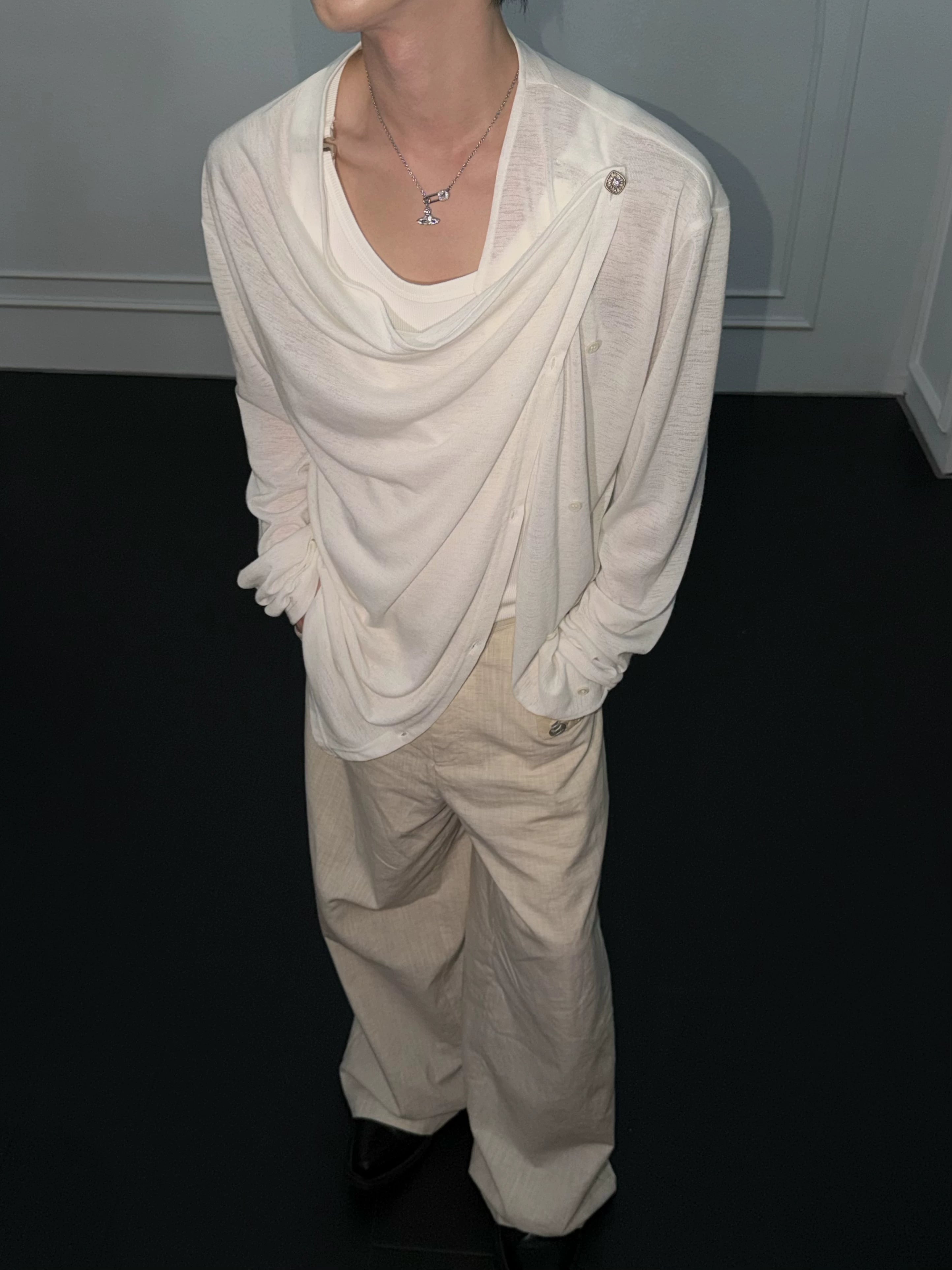 Textured Asymmetric Button Long Sleeve Top