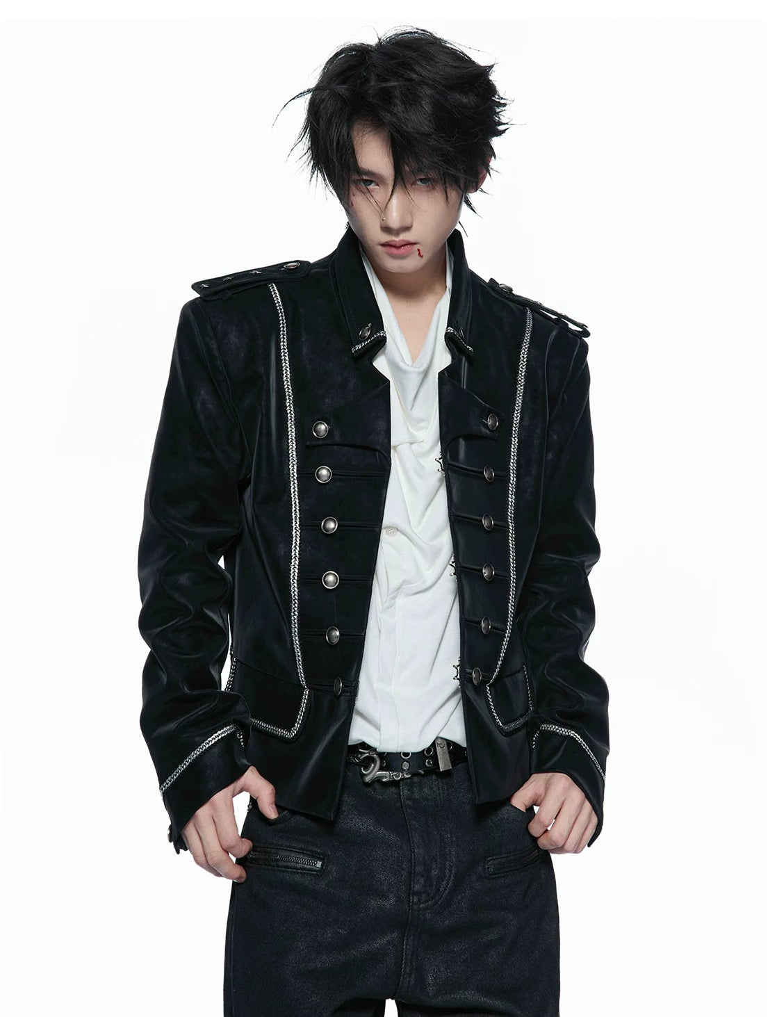 Silver Black Matte Leather Double-Breasted Structured Jacket