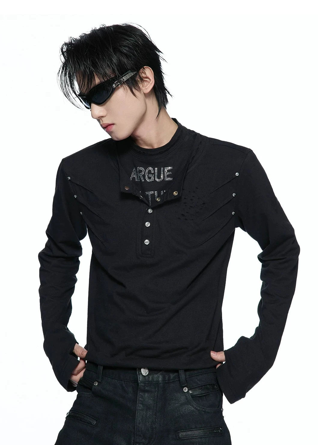Hand-Distressed Layered Henley Long Sleeve Top