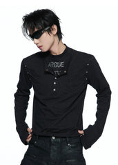 Hand-Distressed Layered Henley Long Sleeve Top