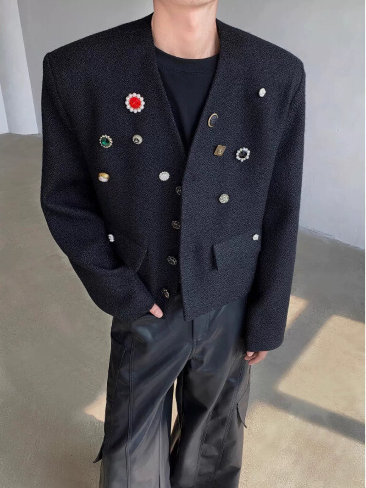 Black Collarless Button-Detail Cropped Jacket