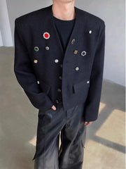 Black Collarless Button-Detail Cropped Jacket