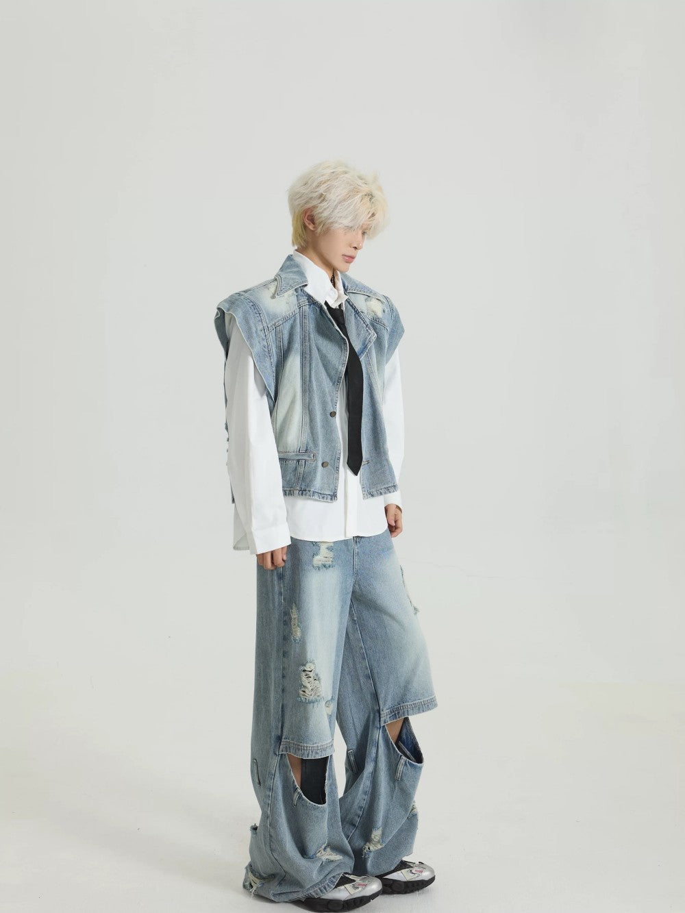 Distressed Denim Vest Wide-Leg Set