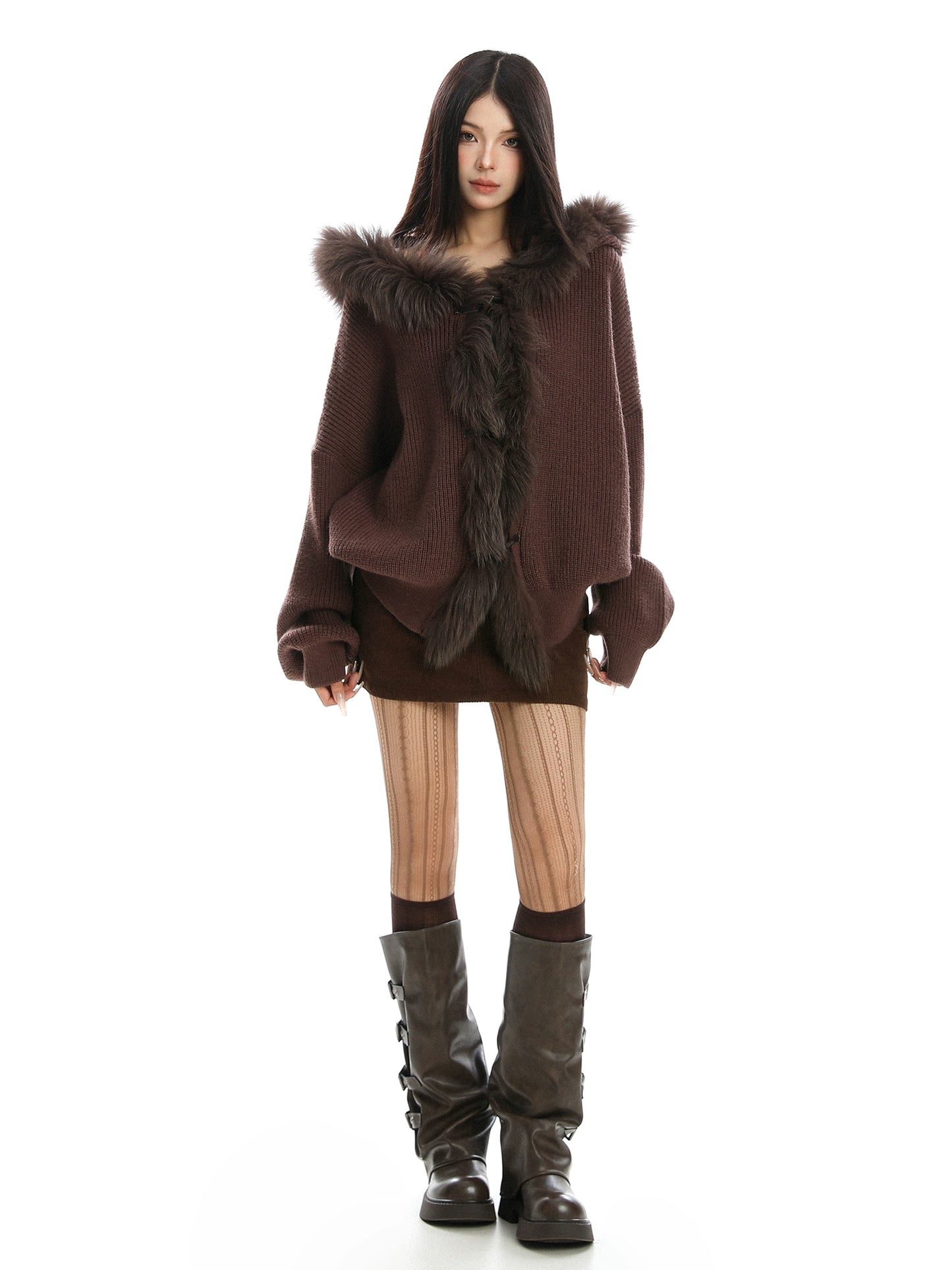 【25s Nov.】Large Fur Collar Patchwork Hooded Knit Sweater