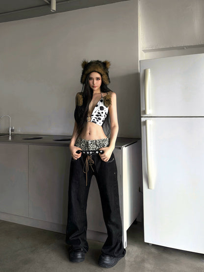 【25s Aug.】Leopard Print Double-Waist Curved Blade Jeans