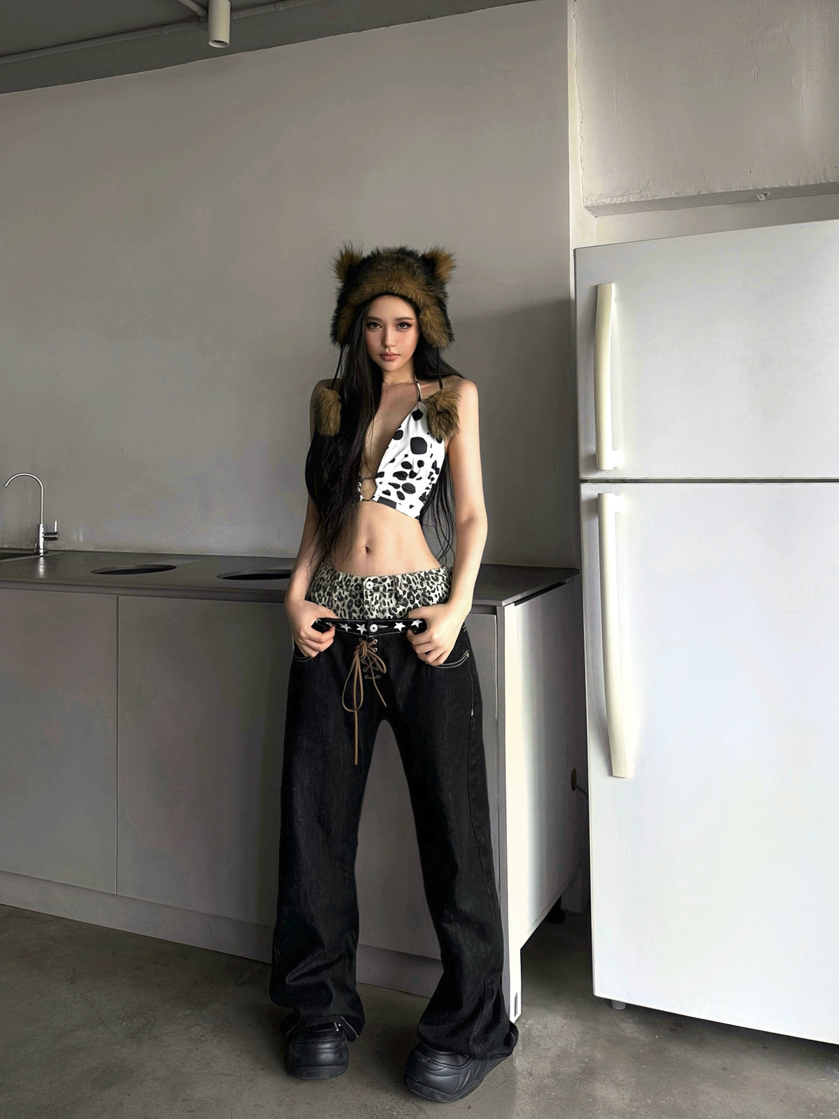 【25s Aug.】Leopard Print Double-Waist Curved Blade Jeans