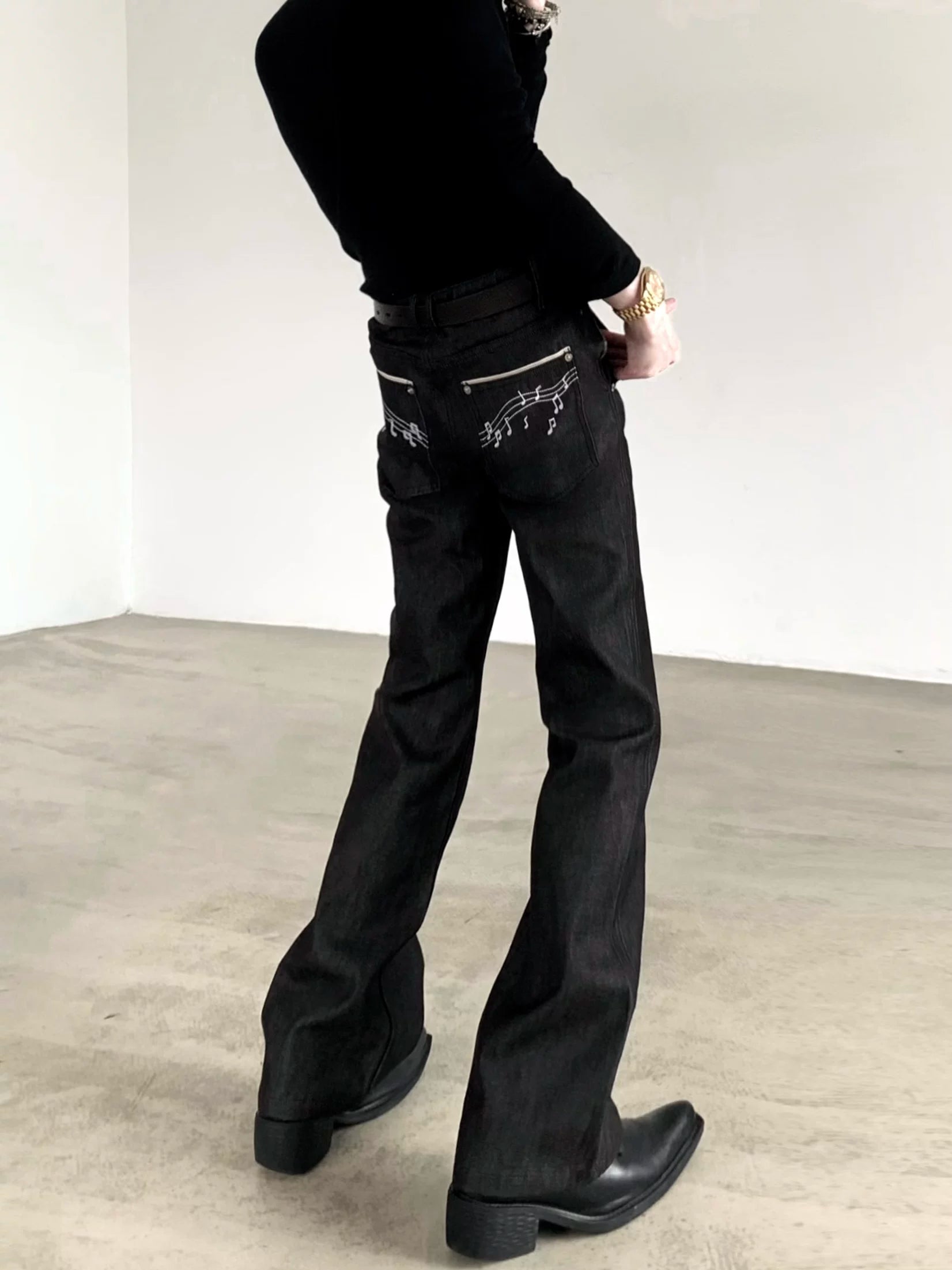 Music Note Raw Denim Flared Jeans