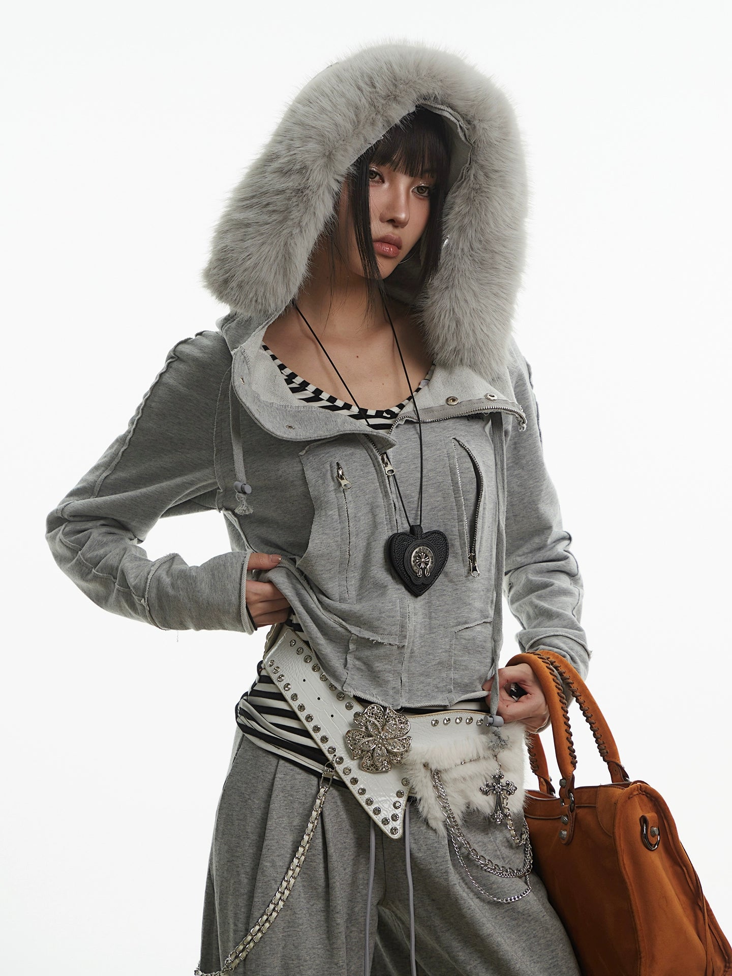 【25s Oct.】Vintage Grey Fur Collar Hooded Sweatshirt