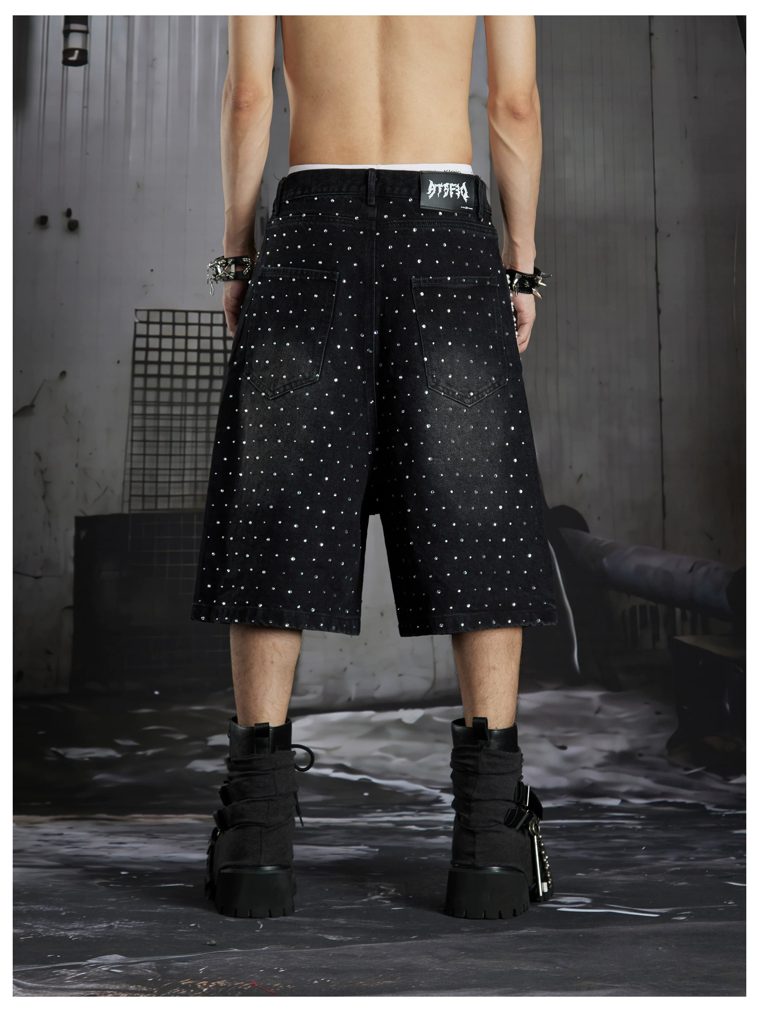 Distressed Studded Denim Cropped Shorts