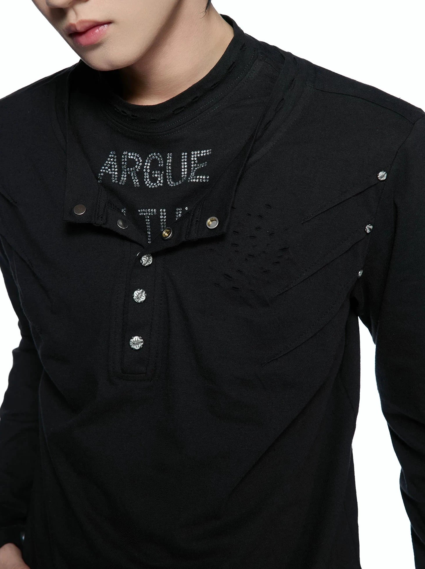 Hand-Distressed Layered Henley Long Sleeve Top