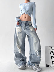 【25s Aug.】Vintage Blue Distressed Washed Loose Wide-Leg Jeans