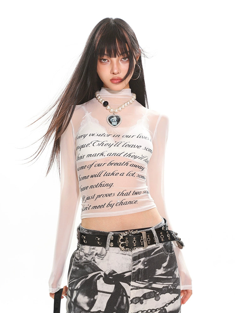 【25s Jul.】See-through Mesh Letter Print Long Sleeve Top