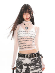 【25s Jul.】See-through Mesh Letter Print Long Sleeve Top