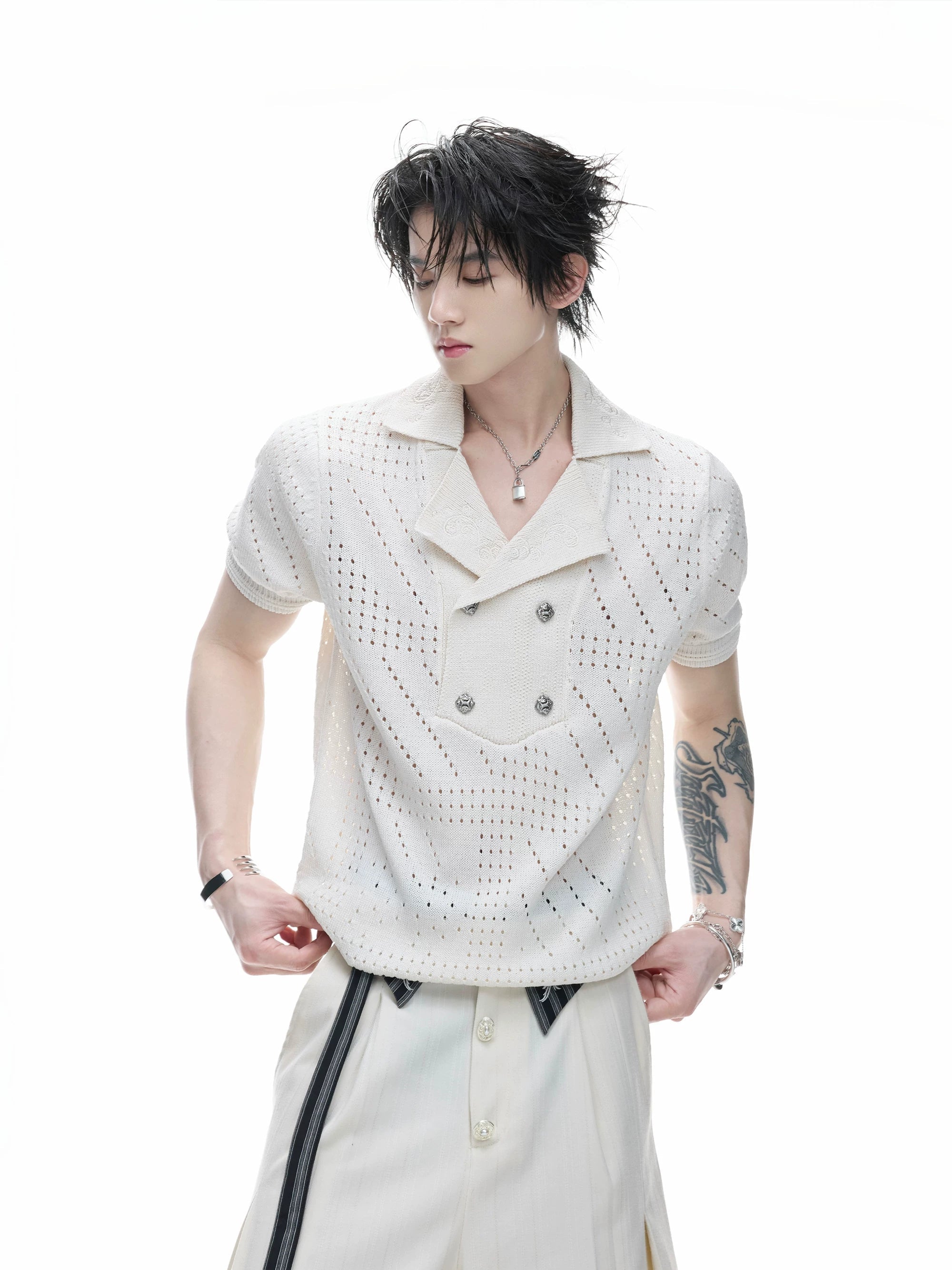 Openwork Embroidered Knit Polo Tee