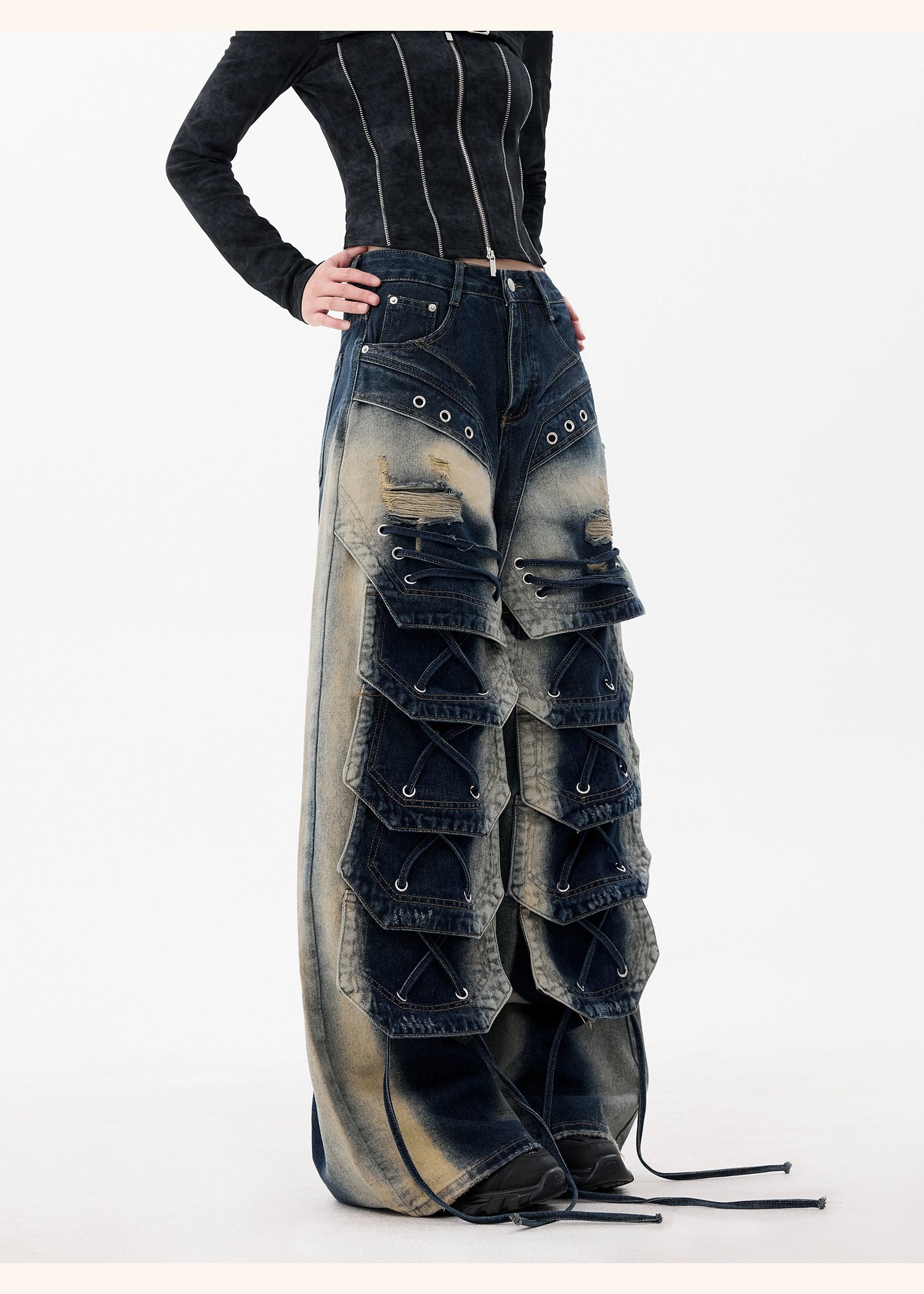 【25s Dec.】Distressed Patchwork Punk Wasteland Style Jeans