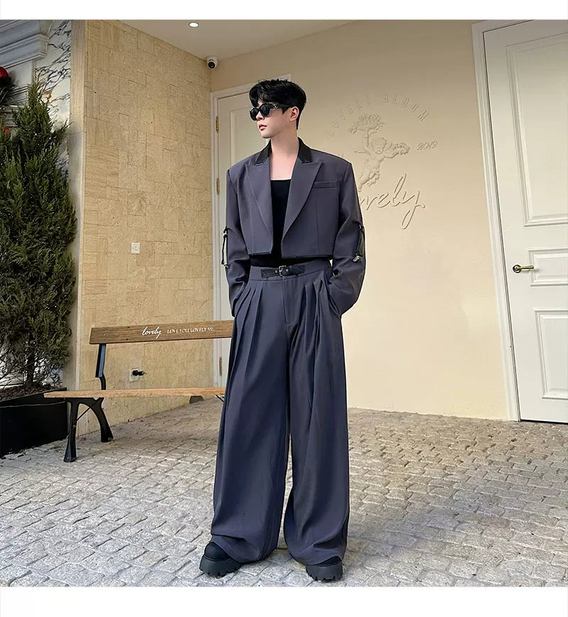 【26s Apr.】Color-Block Faux Leather Blazer & Wide-Leg Pants Set