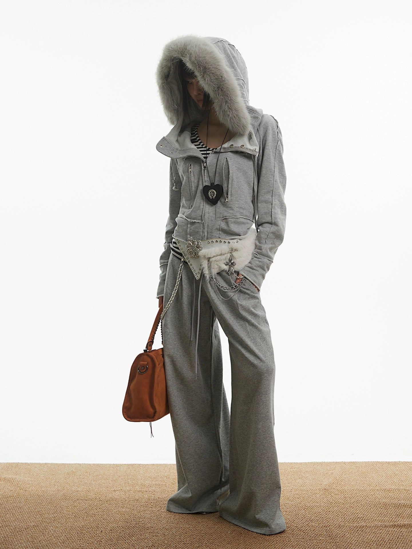 【25s Oct.】Vintage Grey Fur Collar Hooded Sweatshirt