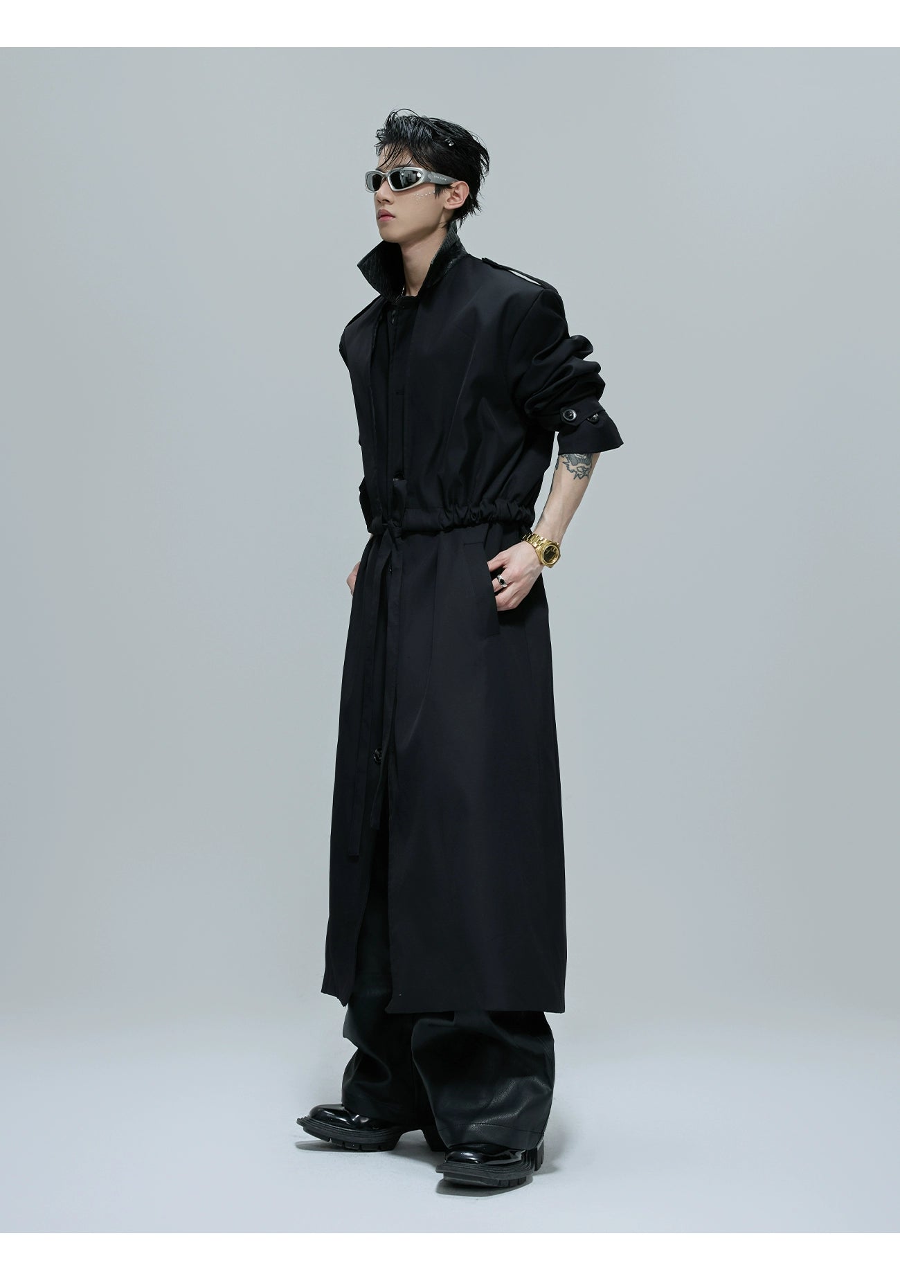 【25s Nov.】Long Patchwork Leather Casual Trench Coat