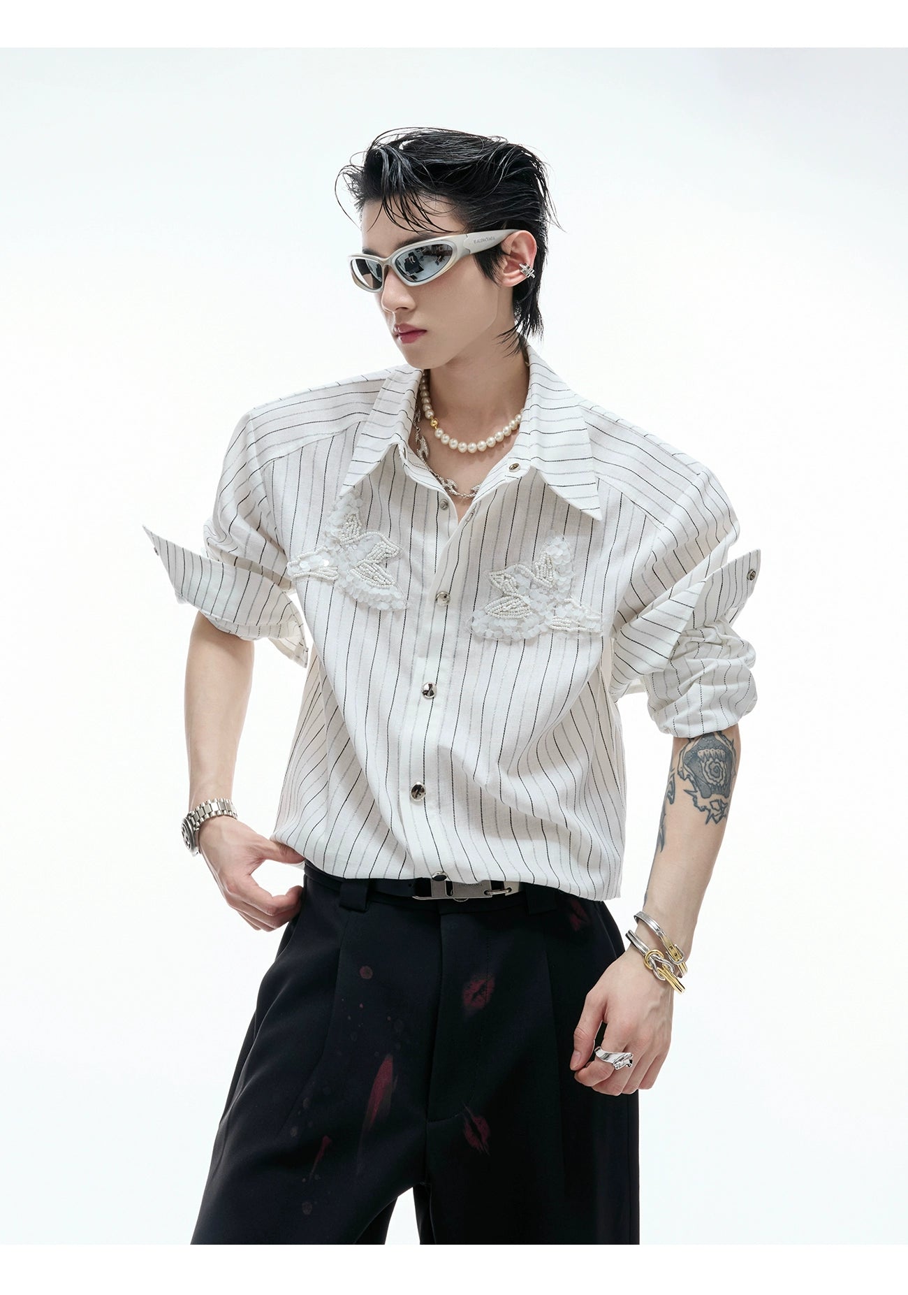【25s Aug.】Striped Sequin-embroidered Linen Shirt