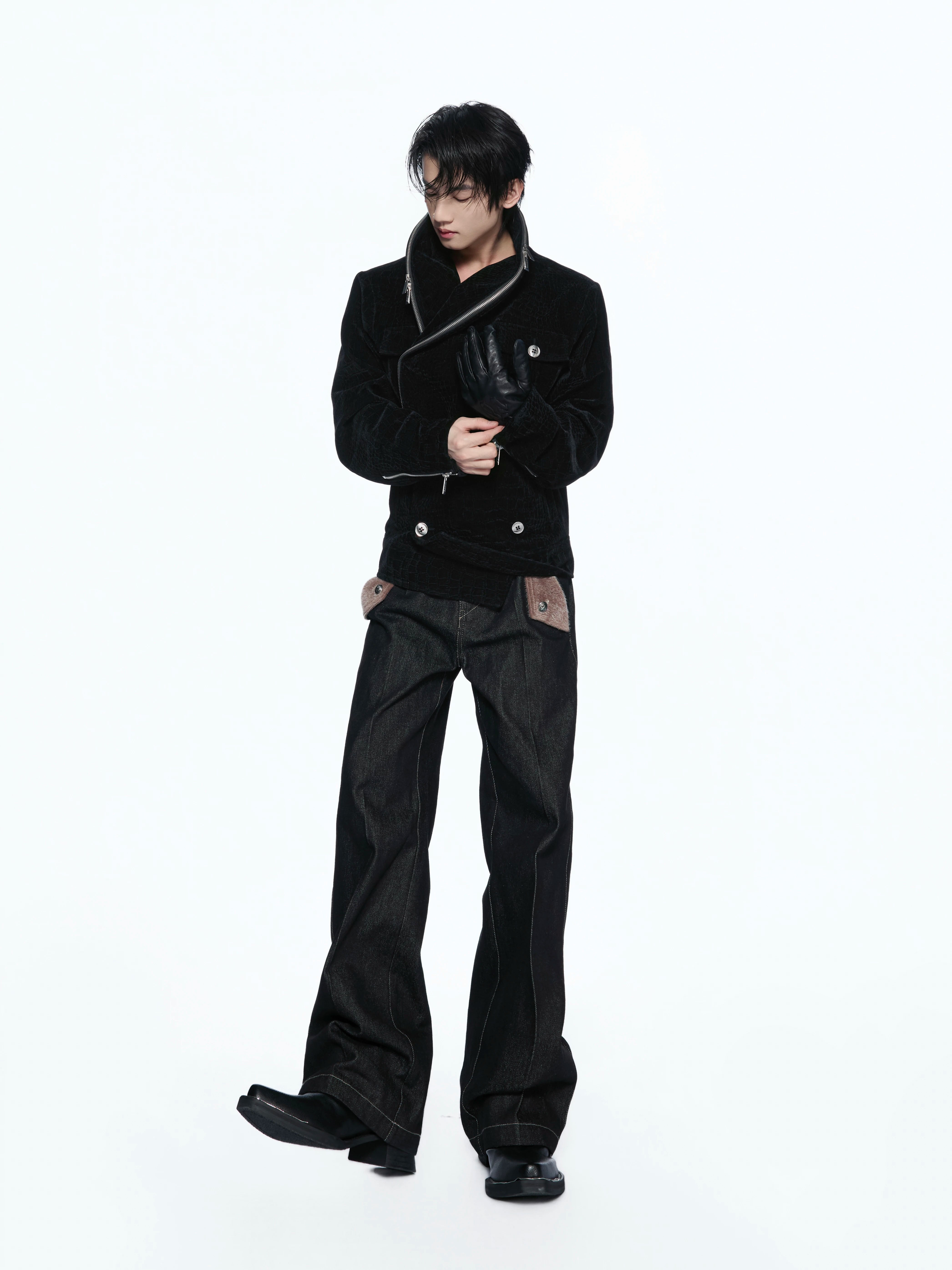 Custom Suede Crocodile Texture Slim Asymmetric Zip Jacket