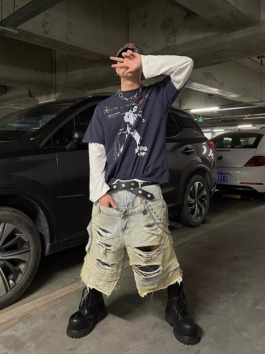 【25s Jun.】Double Waistband Dirty Wash Distressed Denim Shorts