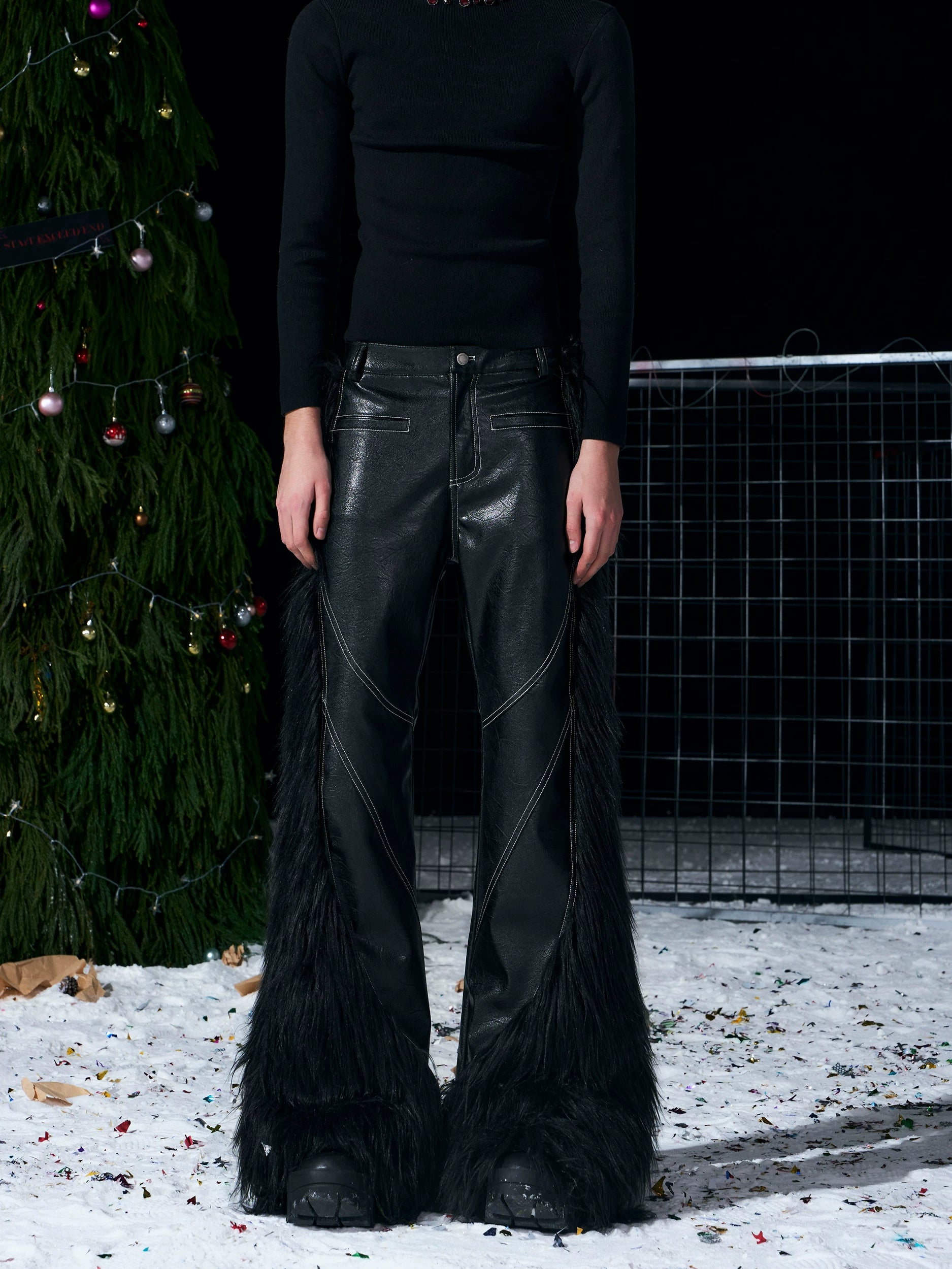 【26s Jan.】Deconstructed Fur Patchwork Flared Leather Pants
