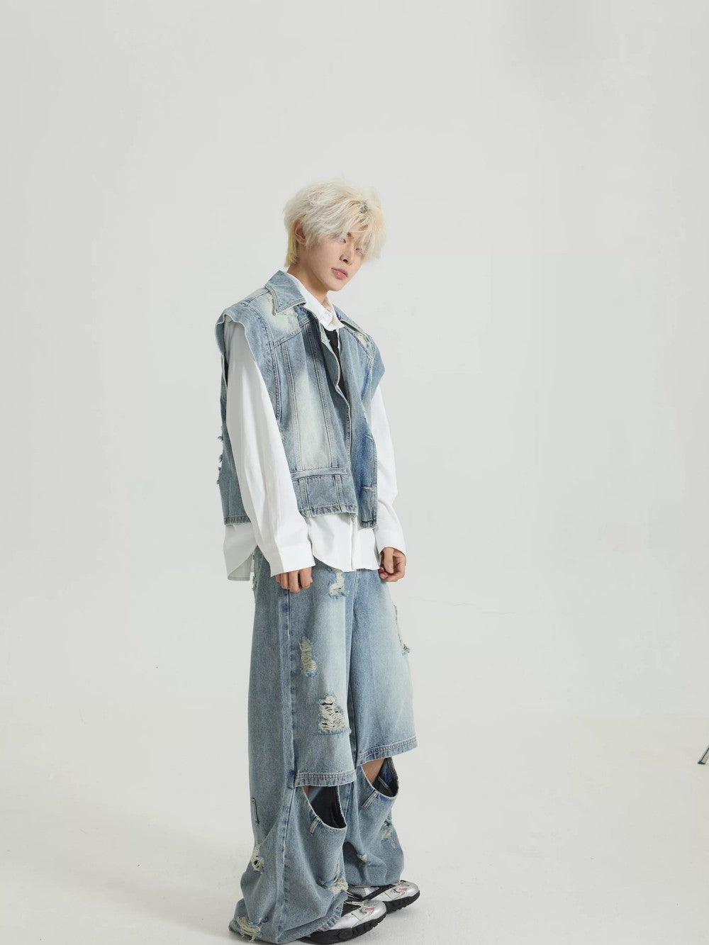 Distressed Denim Vest Wide-Leg Set