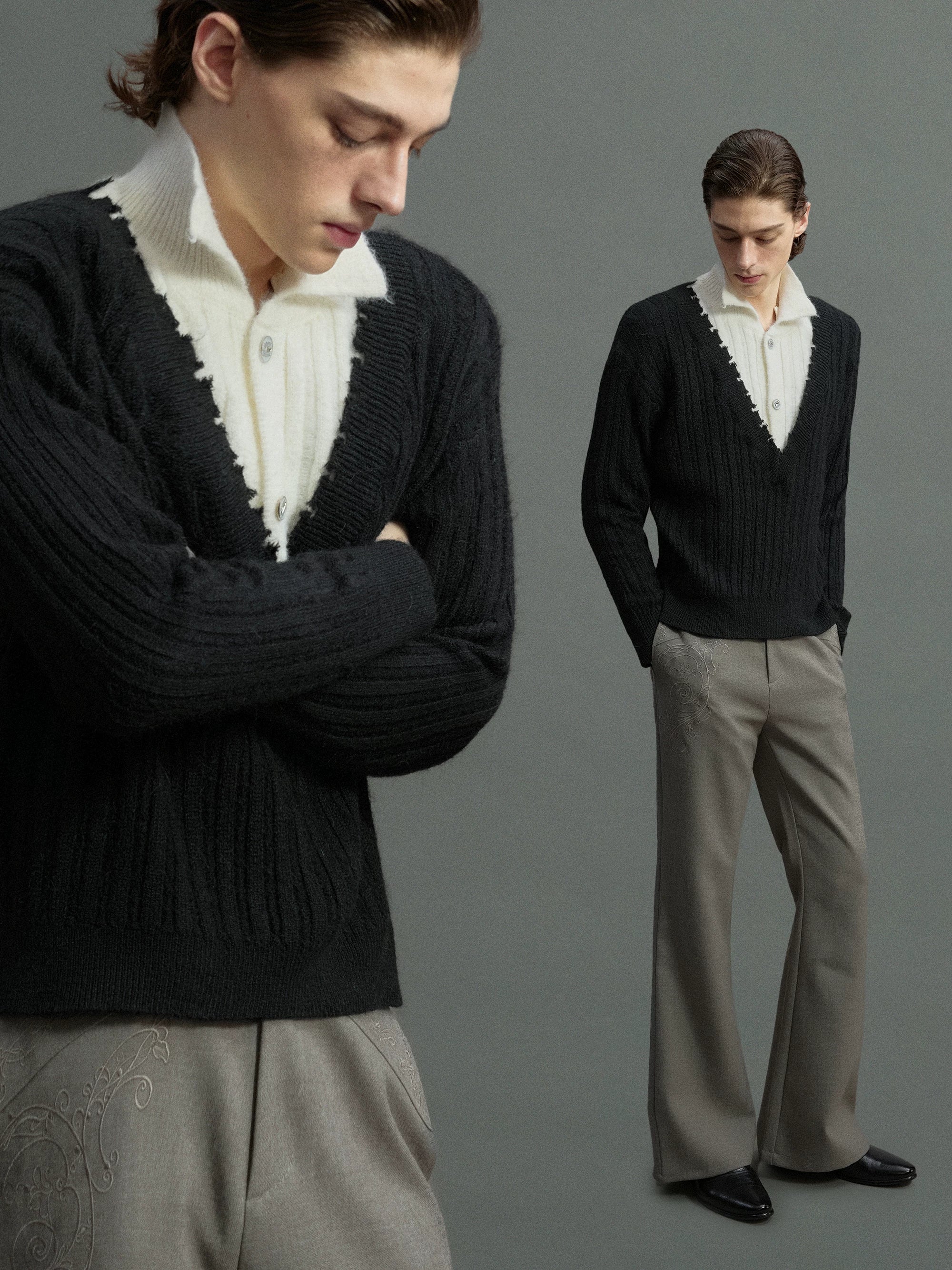 Double Collar Contrast Ribbed Wool Sweater