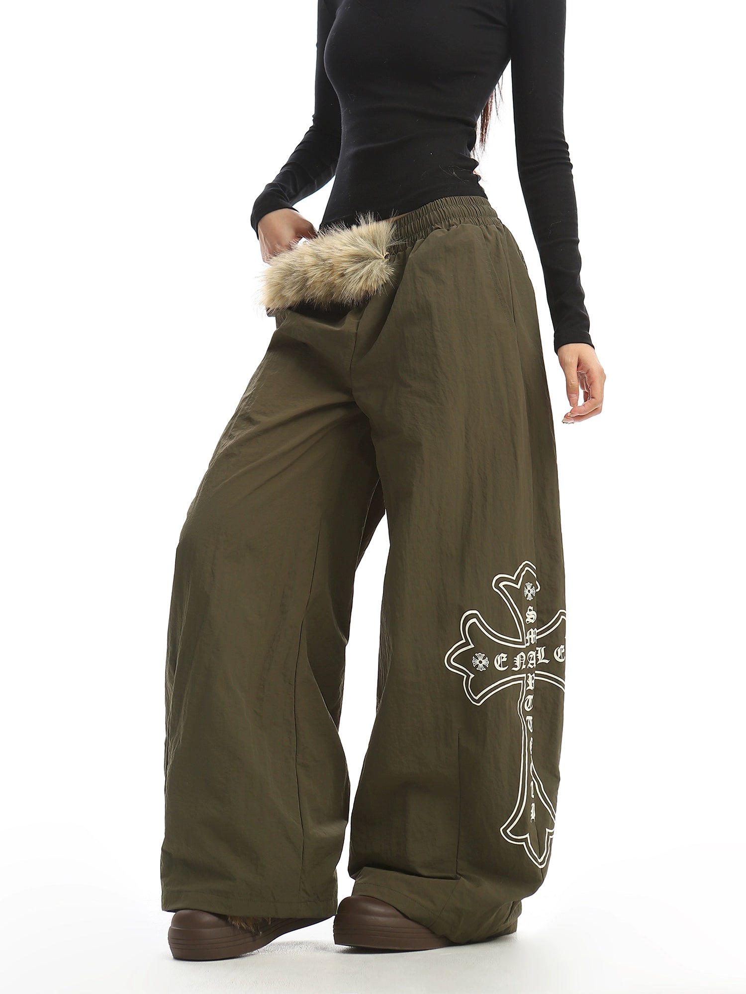 【25s Dec.】Fur Collar Printed Fleece-lined Curved Trousers