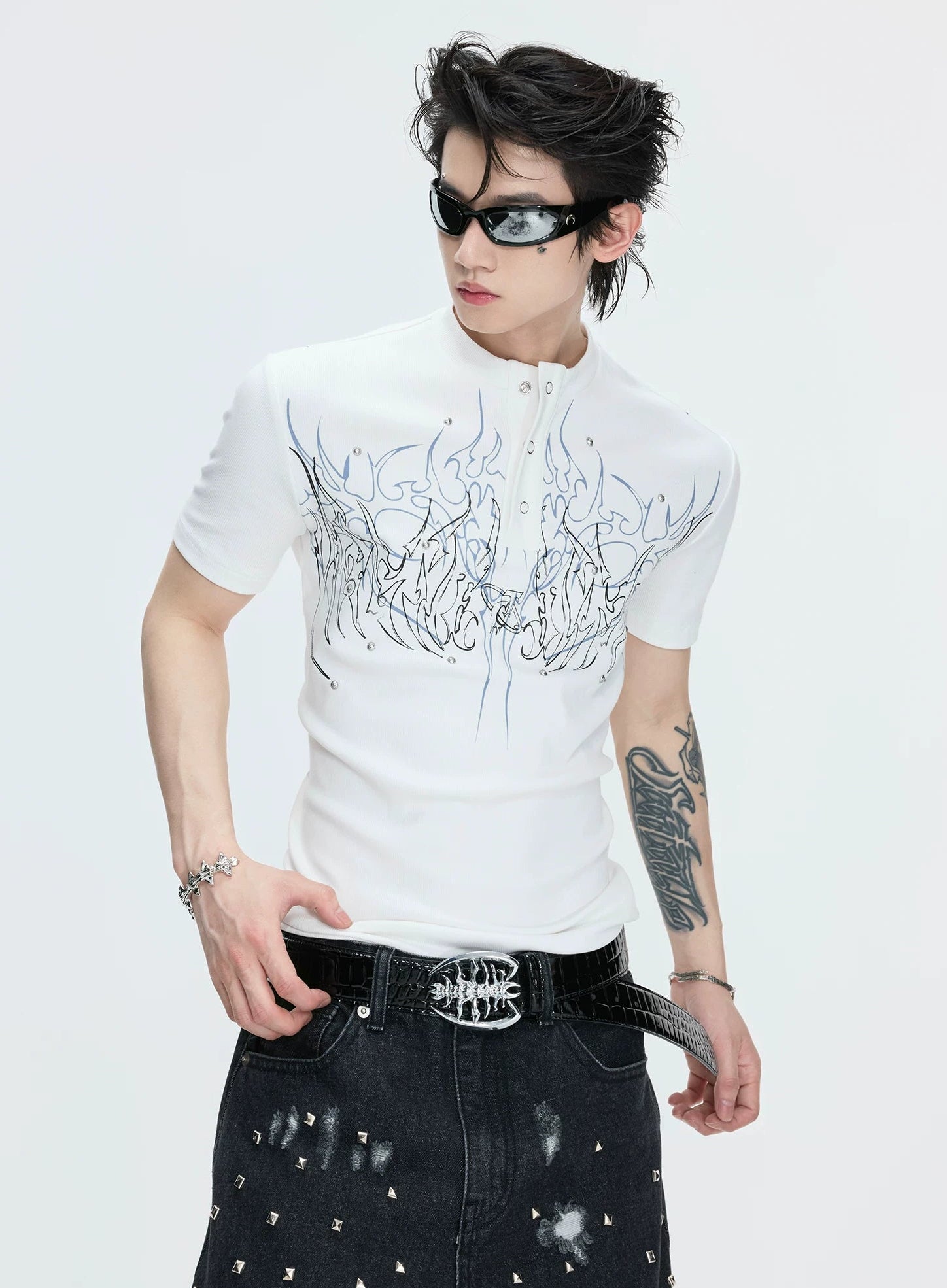 Gothic Flame Studded Slim Tee