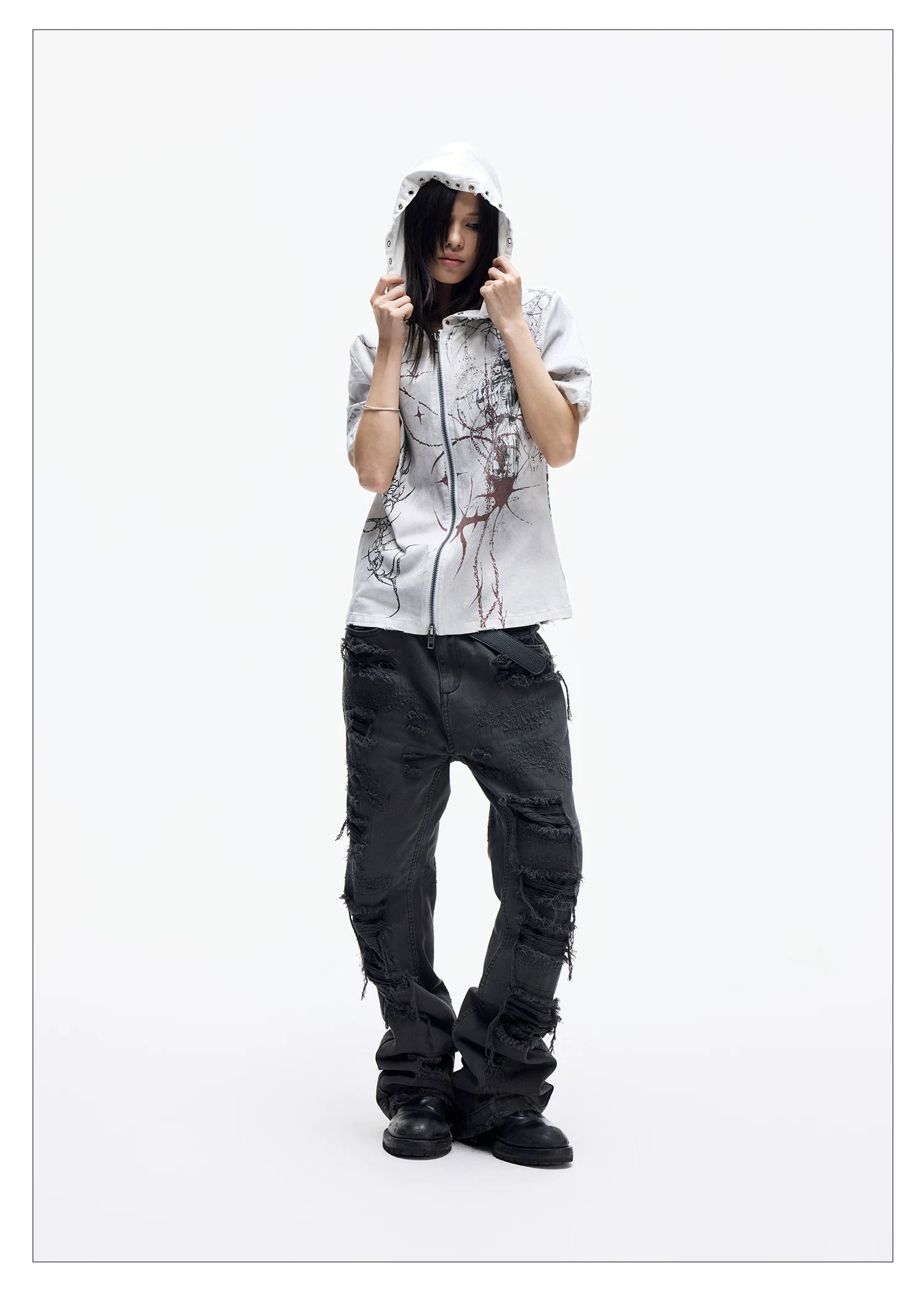 Distressed Raw Hem Slim Straight Jeans