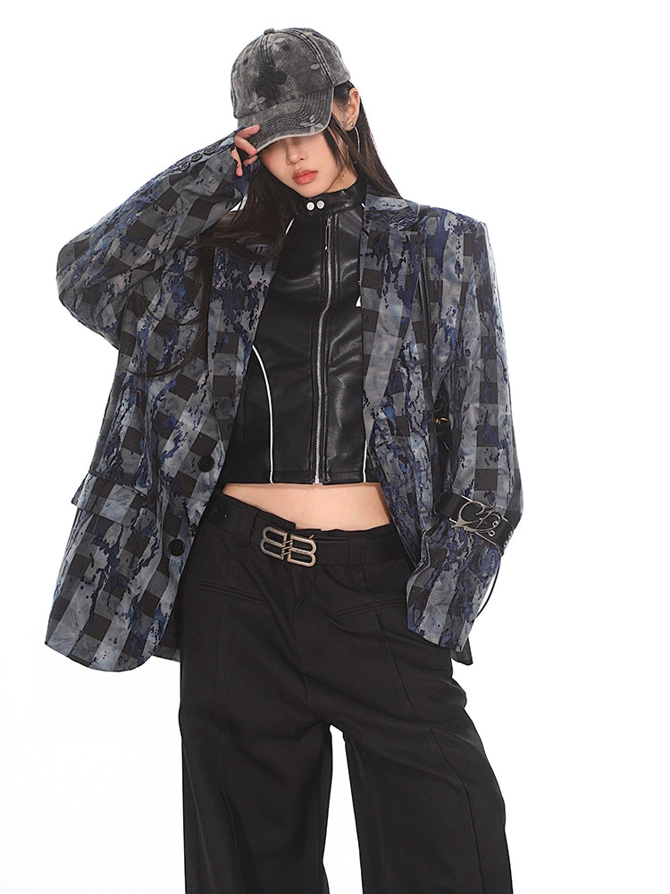 【24s Nov.】Niche Flame Flocked Plaid Suit Jacket ArtsKoreanMan