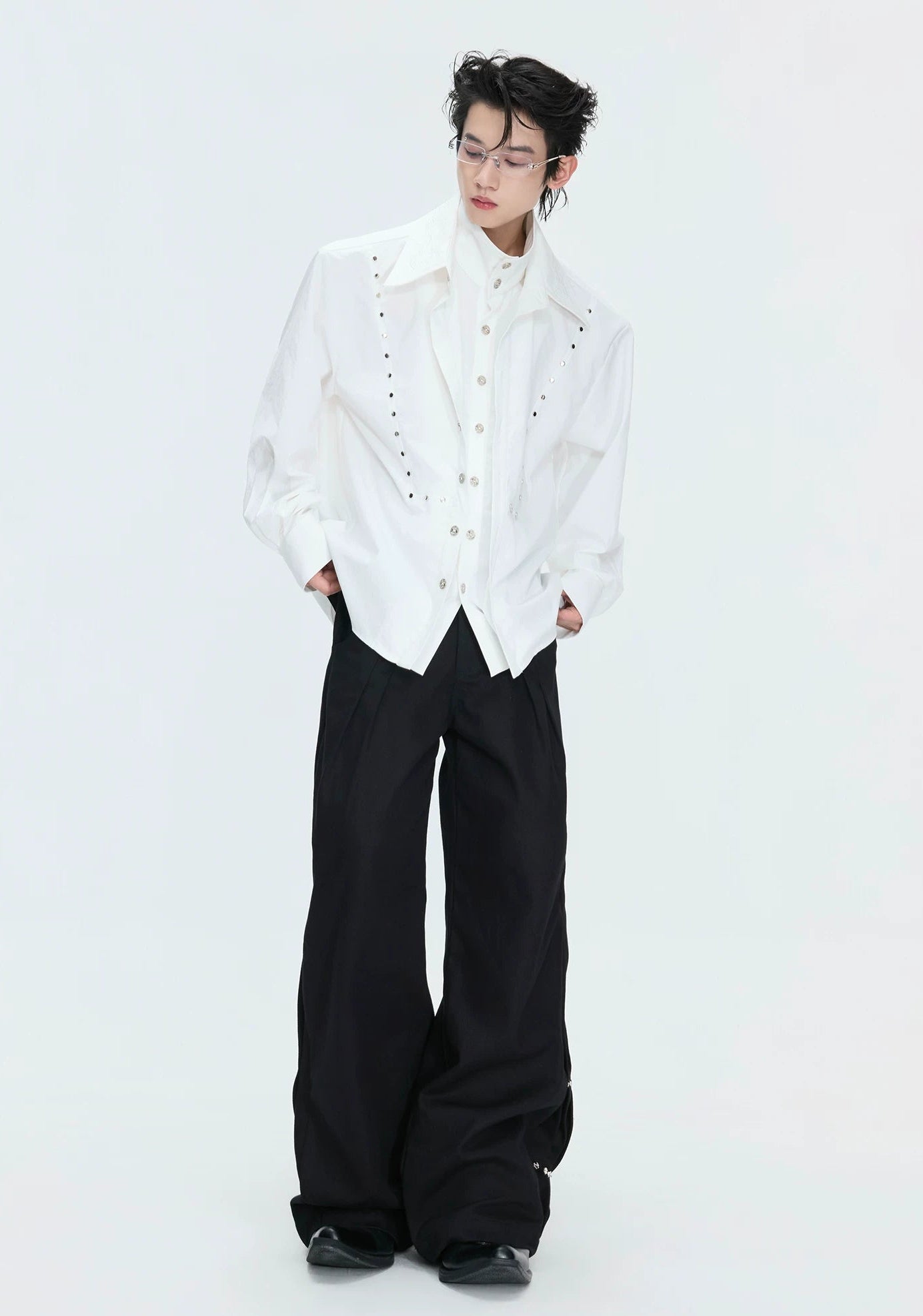 【26s May】Linen Blend Layered Studded Embroidered Shirt