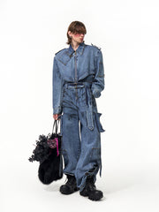 【25s Apr.】Dirty Dyed Washed Multi-pocket Zipper Denim Jumpsuit