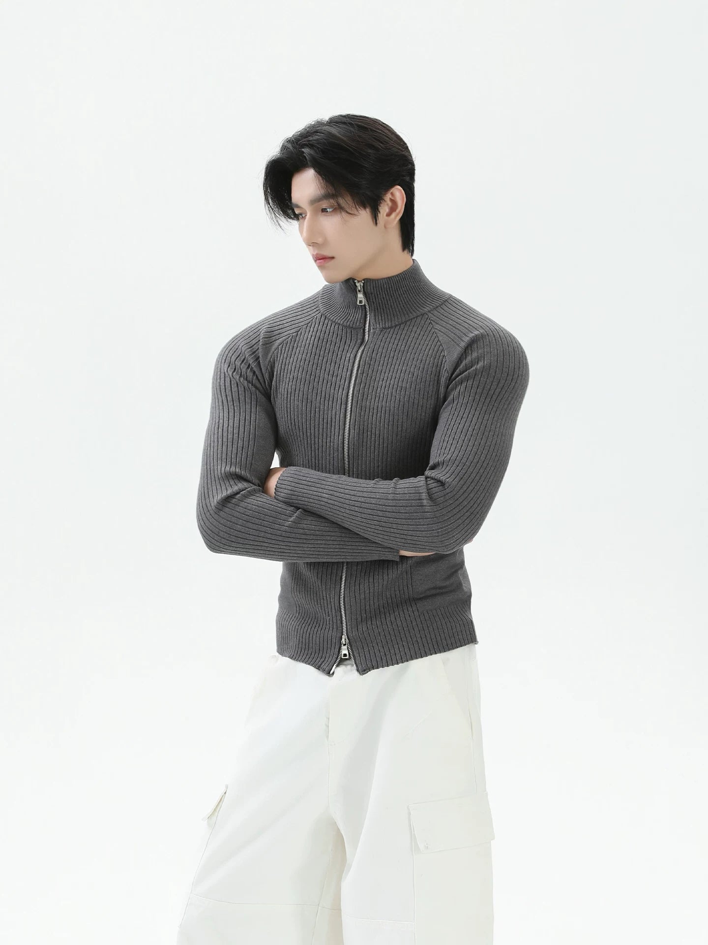 【26s Jan.】Slim-Fit Ribbed Stand Collar Double-Zip Knit Cardigan