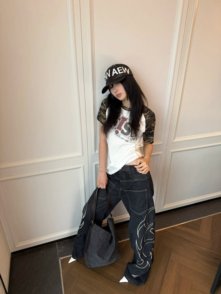 【25s Aug.】Snake Embroidered Wide-Leg Raw Denim Jeans