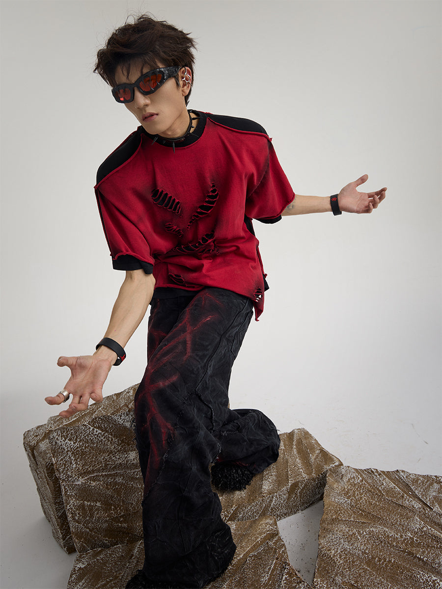 【25s Apr.】Black & Red Distressed Cotton Layered T-Shirt