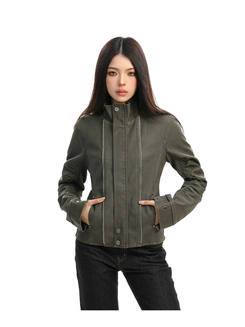 【25s Dec.】Washed Distressed Stand-up Collar Deconstructed Leather Jacket